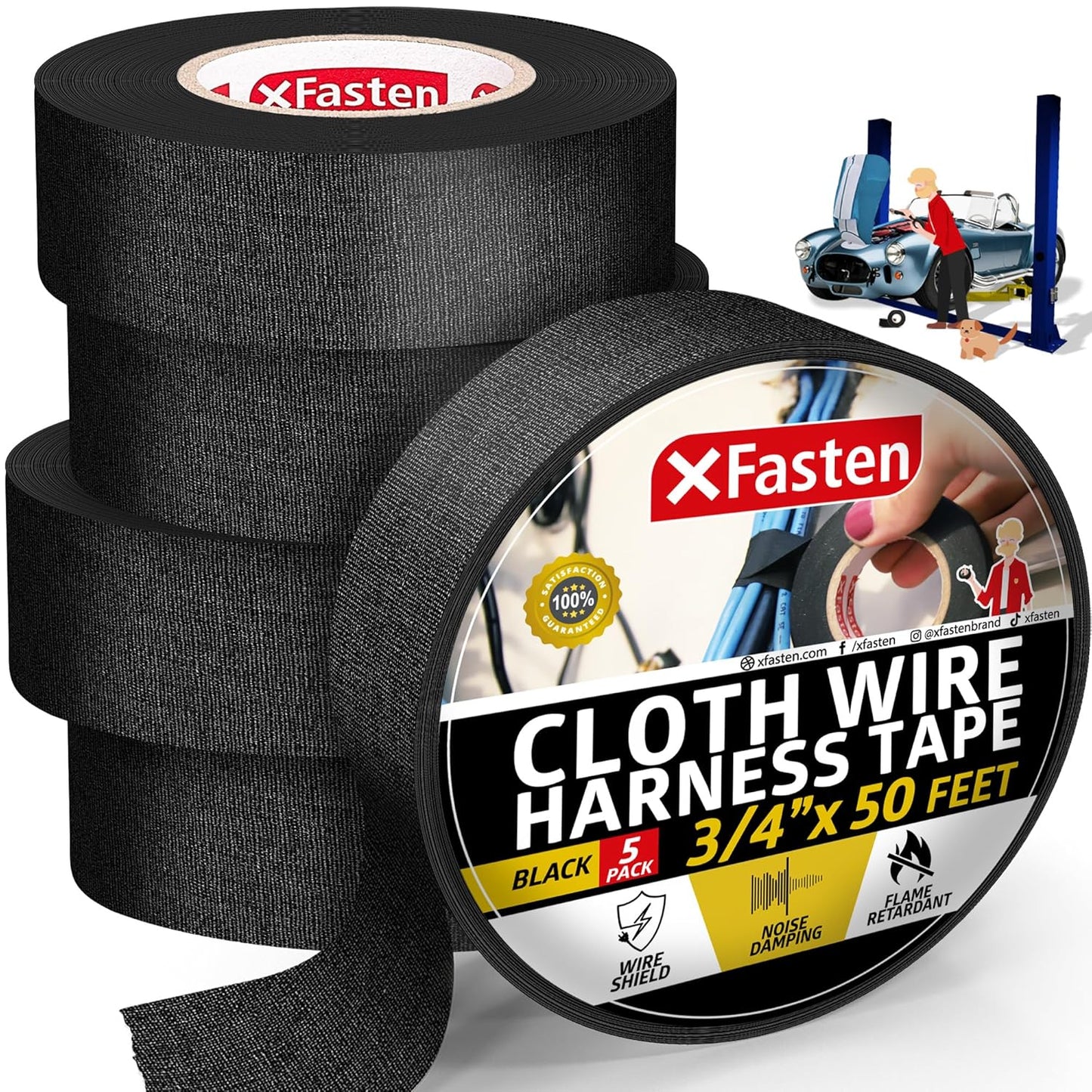 XFasten Wire Harness Tape, 3/4-Inch x 50-Foot (5-Pack), High Temp Wiring Loom Harness, Self-Adhesive Felt Cloth Electrical Tape for Automotive Engines, Noise Dampening, and Cable Protection