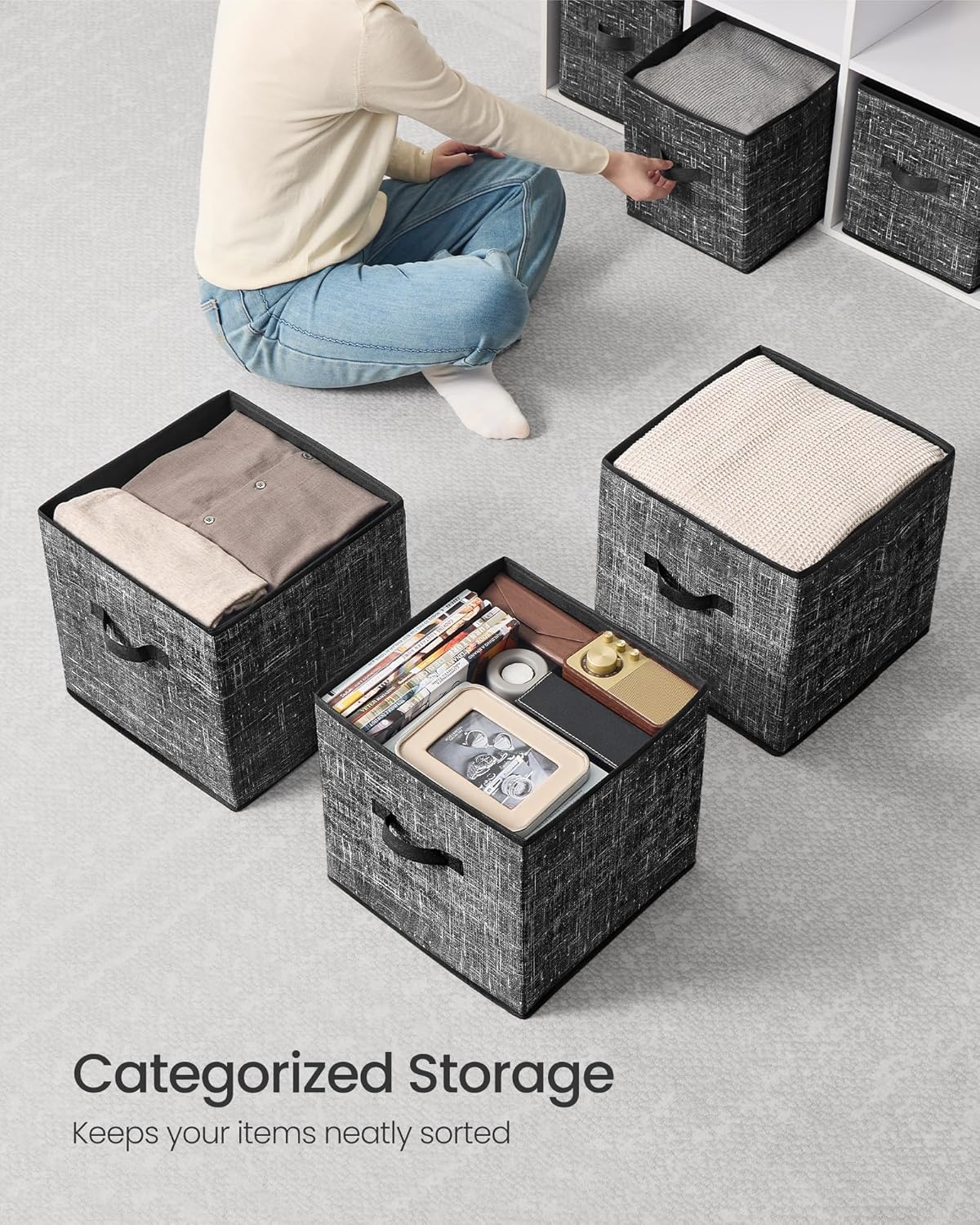 SONGMICS Storage Cubes, 13 x 13 x 13 Inches Non-Woven Fabric Bins with Double Handles, Set of 10, Closet Organizers for Shelves, Foldable, for Clothes, Ink Black UROB133B01