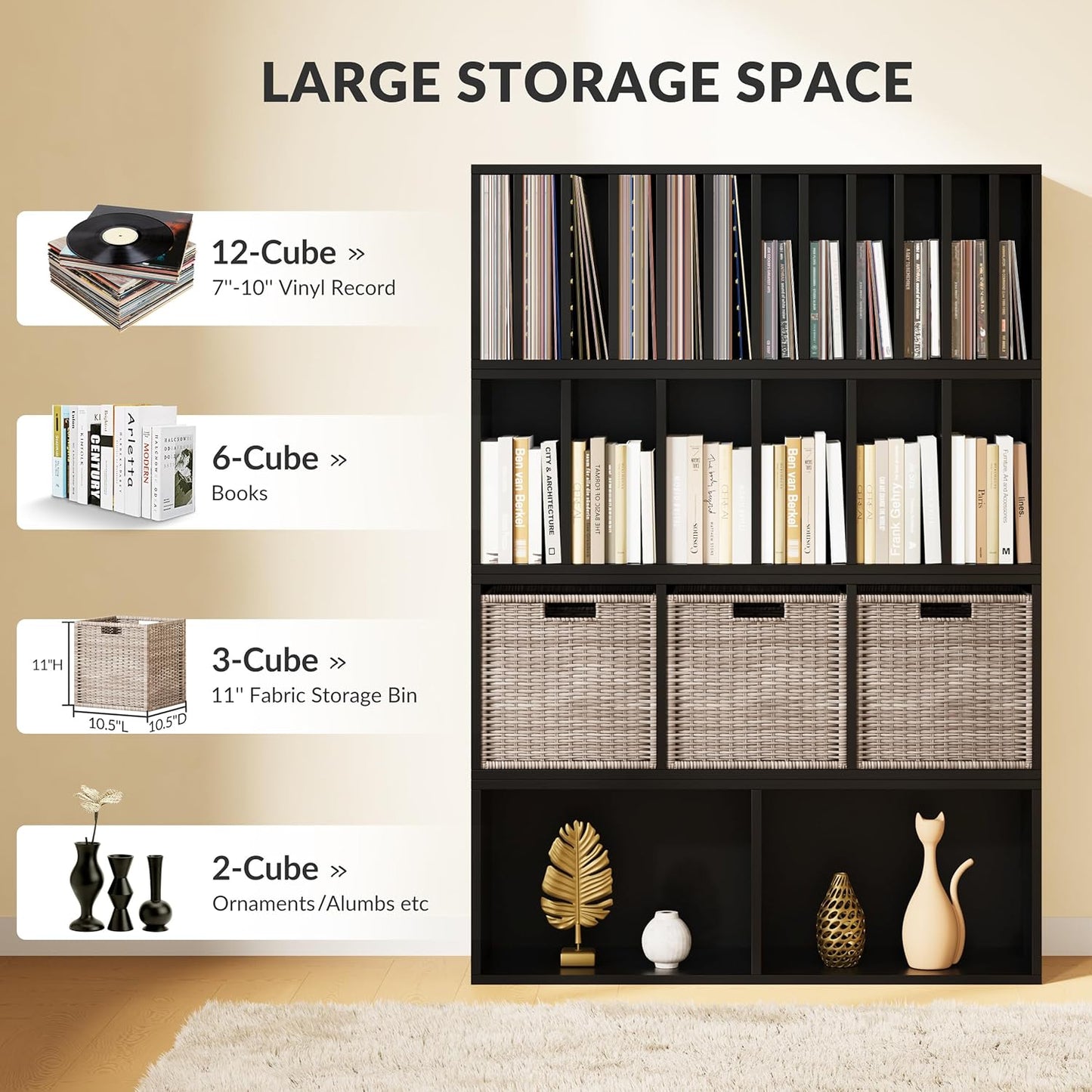 IOTXY DIY Modular Cube Bookcase - CubeXY Customizable Stackable Expandable Combination Set, 23-Cube Open Bookshelf for Books, Fabric Storage Bin, and Vinyl Record Organizer, Black