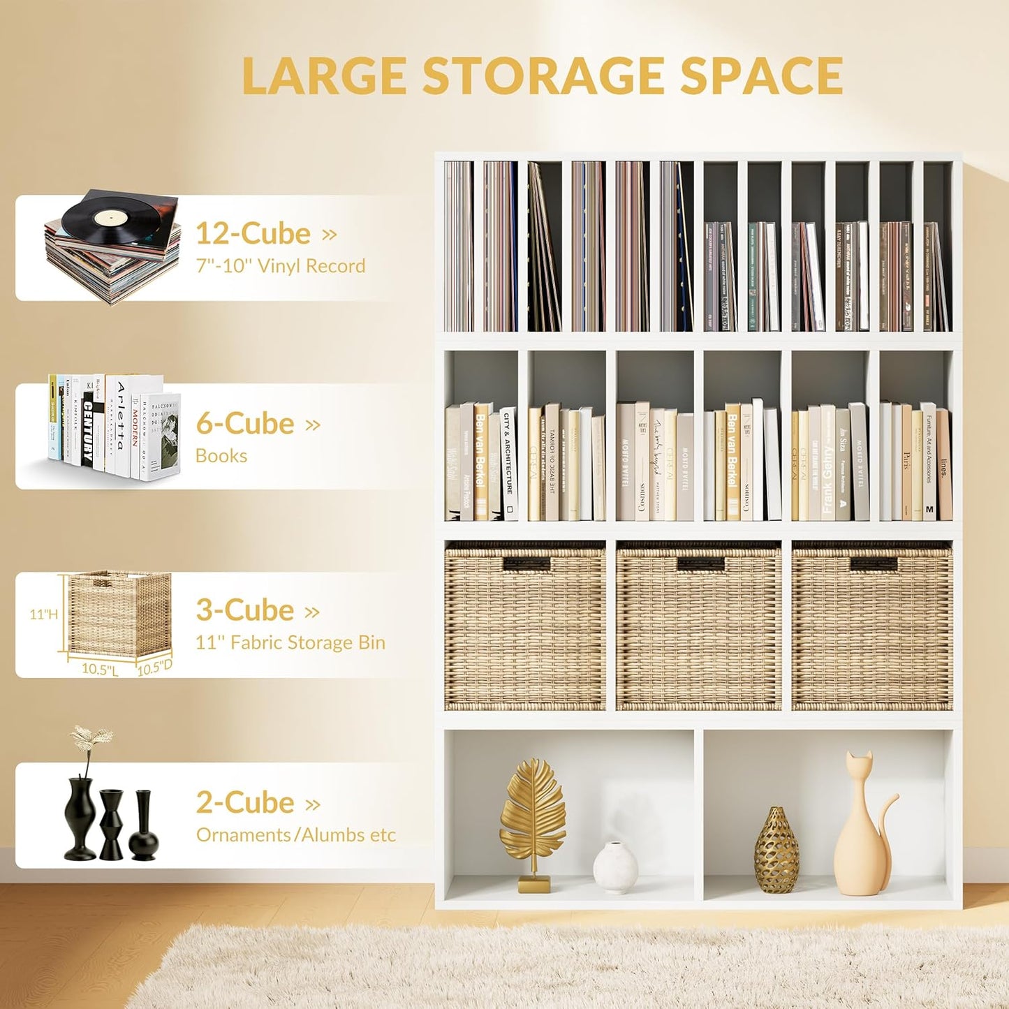 IOTXY DIY Modular Cube Bookcase - CubeXY Customizable Stackable Expandable Combination Set, 23-Cube Open Bookshelf for Books, Fabric Storage Bin, and Vinyl Record Organizer, White