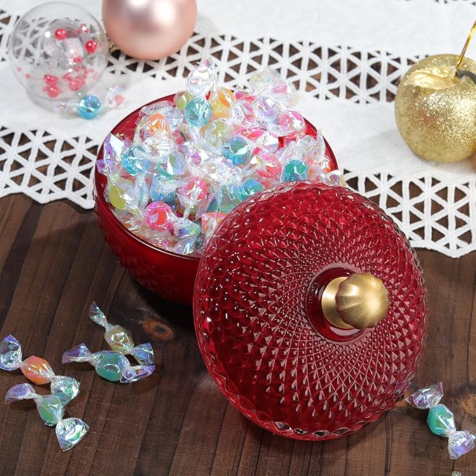 Joeyan 12 oz Small Red Glass Jewelry Box Jars with Lid,Embossed Glass Candy Dishes,Diamond Faceted Food Container,Decorative Apothecary Canisters,Colored Kitchen Bathroom Buffet Storage Organizer