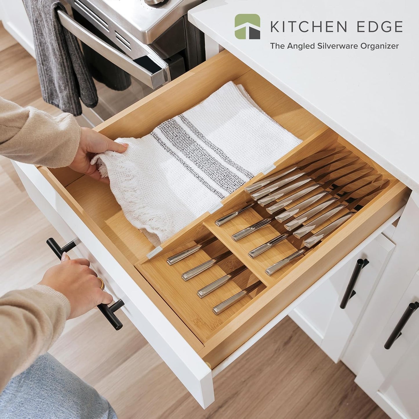 KitchenEdge Premium Cutlery, Flatware, and Silverware Drawer Organizer – Slanted 3-Compartment Design with Labeled Slots, Non-Slip Feet, 100% Sustainable Bamboo