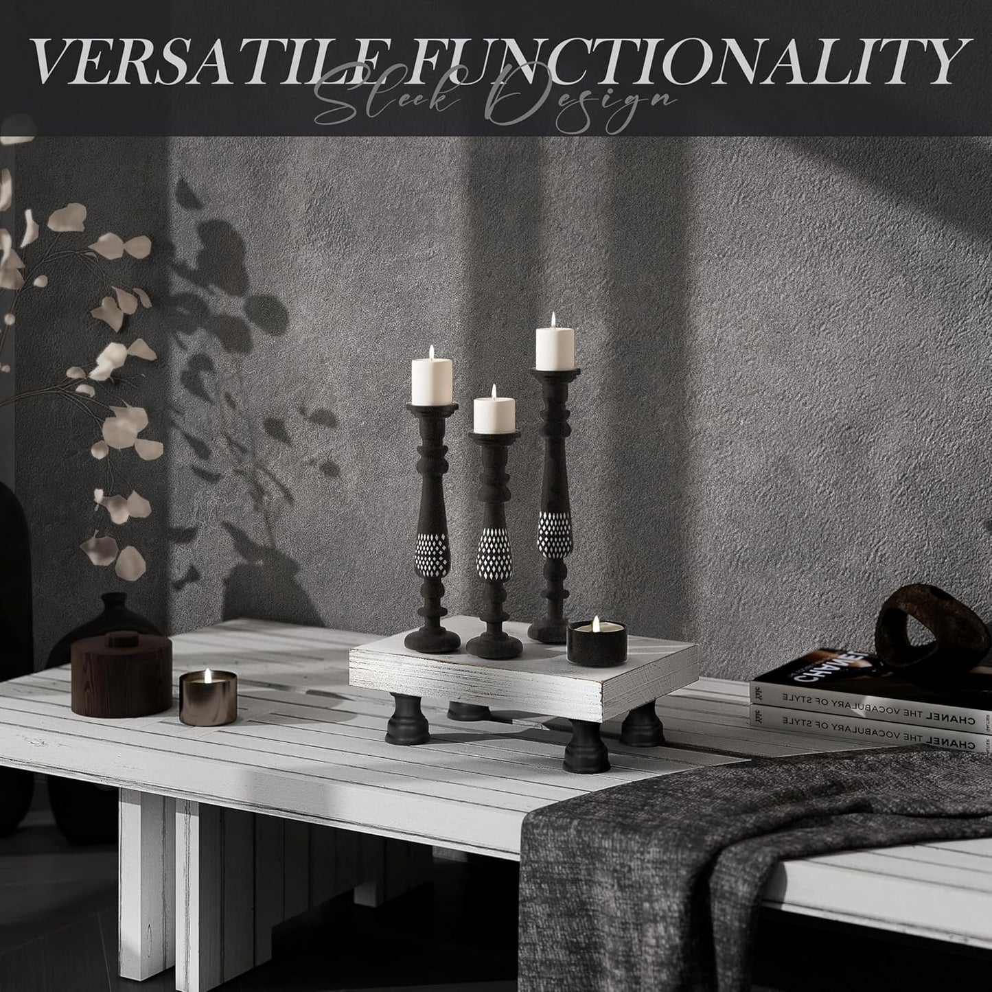 EOSAHR Farmhouse Fir Wood Risers for Decor for Kitchen Sink & Small Vanity - Risers Display Stands for Coffee Table - Double as Sponge Holder & Plant Stand (Black & White, 8.5")