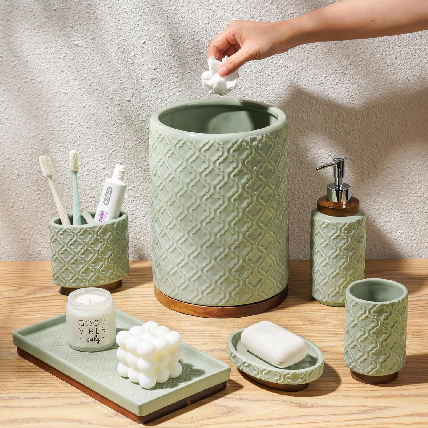 Bathroom Accessories Set 6 Pieces Toothbrush Holder Soap Dispenser Ceramic Bathroom Accessory Set Contain Toothbrush Cup Soap Dish Tumbler Green