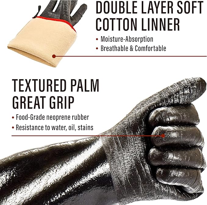 RAPICCA 700°F Heat Resistant BBQ Grill Gloves: Oil Resistant Waterproof for Smoking Grilling Cooking Barbecue Deep Frying Turkey Rotisserie Handling Hot Greacy Meat Stocking Stuffers - Long Sleeve