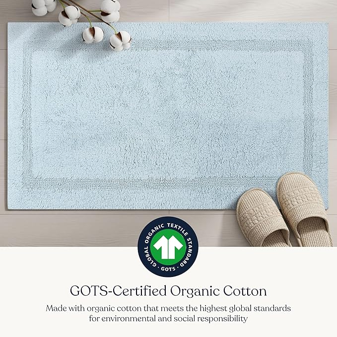 Delara Organic Cotton Reversible Bath Mat – 3000 GSM, GOTS Certified, Ultra-Thick & Super Absorbent | Soft, Plush & Quick-Drying Bathroom Rug (Light Blue, 30x50)