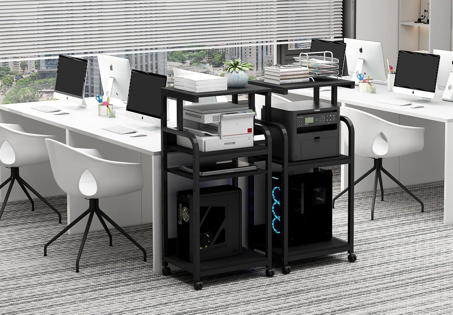 Printer Stand with Adjustable Shelf, 4 Tier Large Tall Printer Table with Wheels for Home Office Storage and Organization, Rolling Stand Cart for Computer Tower CPU Shredder, Black