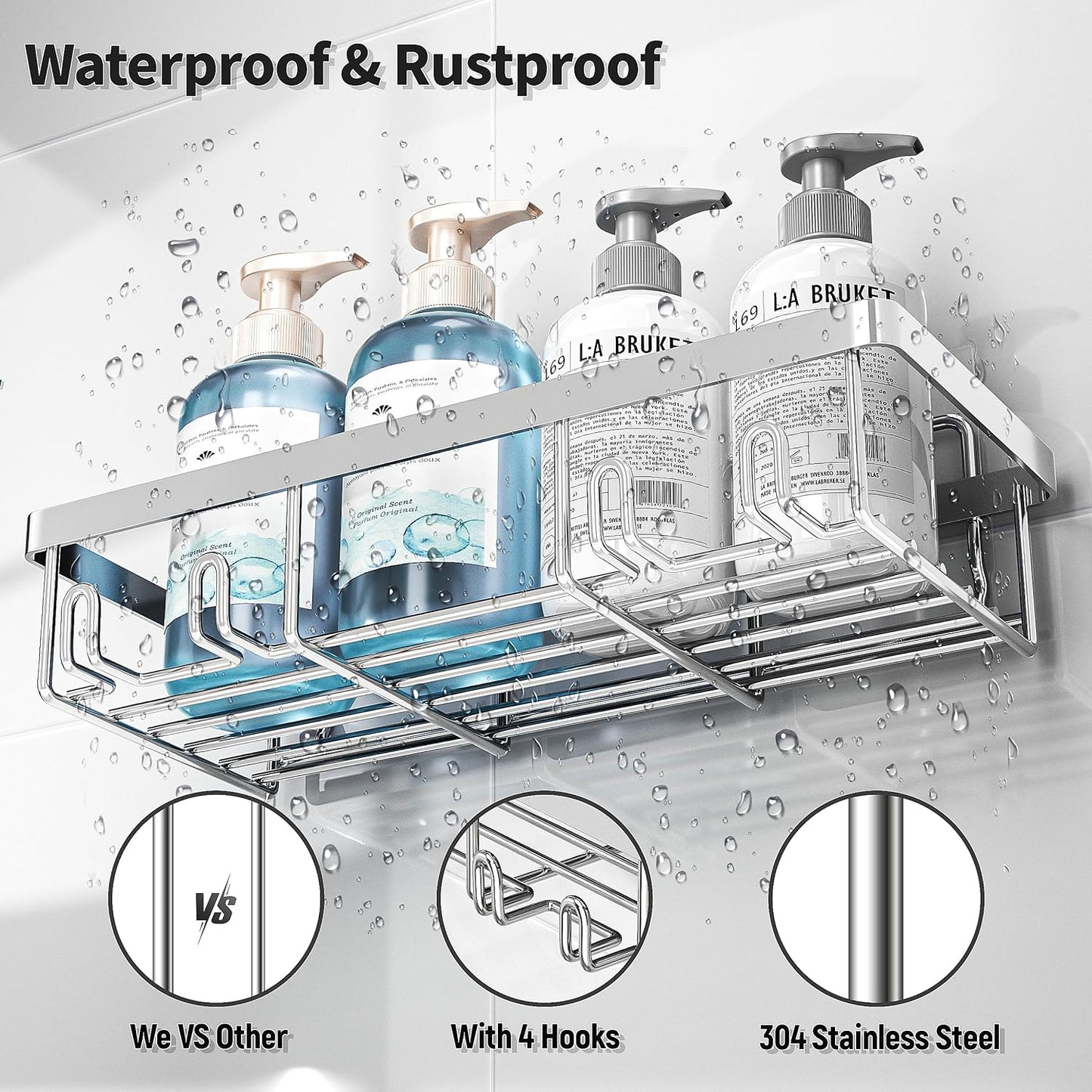 5 Pack Shower Caddy Organizer Rack Shelf for Inside Shower, Self Adhesive Bathroom Wall Storage Basket Rustproof Stainless Steel Large Capacity Shampoo Holder, Silver