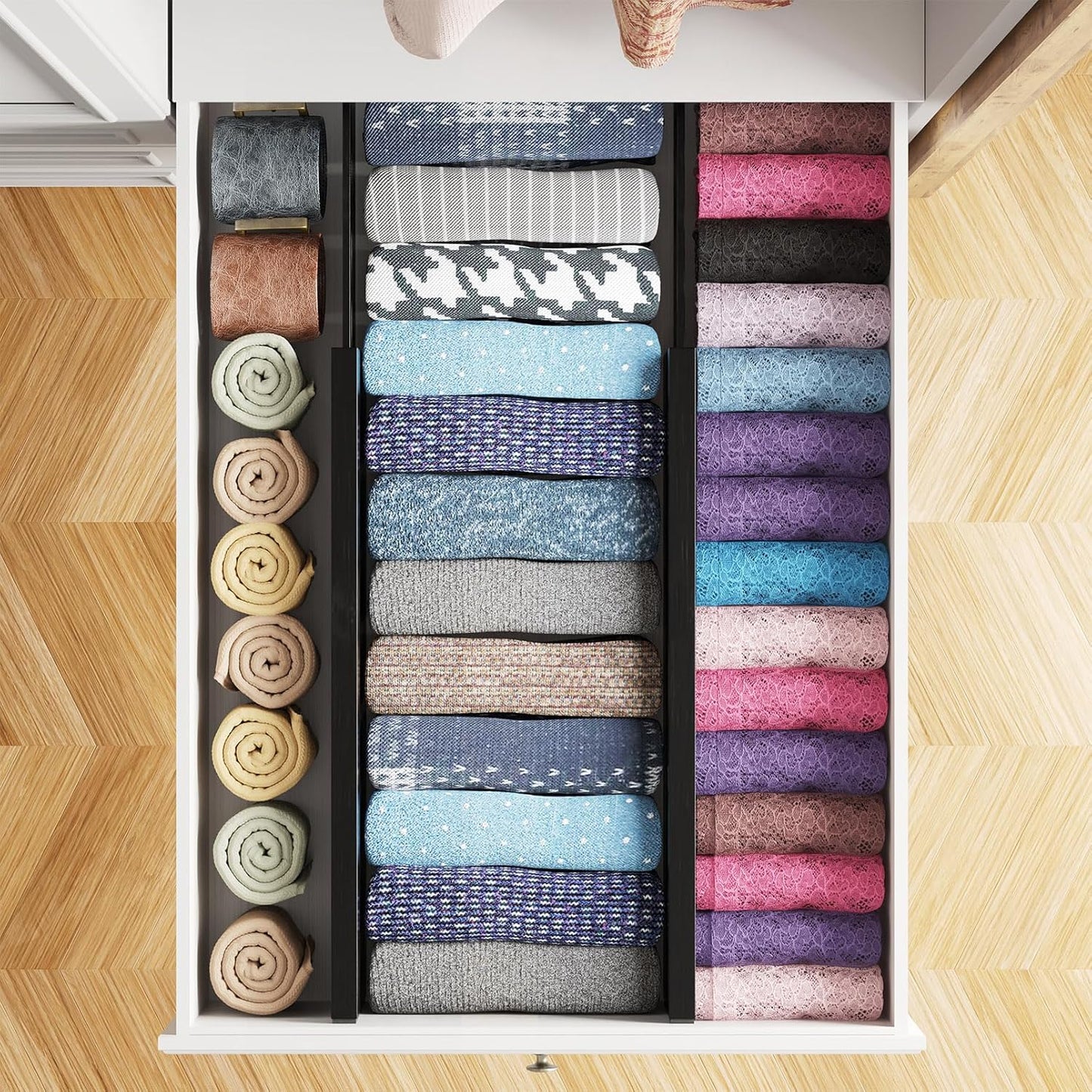 SpaceAid Bamboo 4 Pack Dresser Drawer Dividers, 4.65“ High Adjustable 17“-22” Drawer Organizers, Expandable Organization for Clothing, Clothes, Dressers, Black