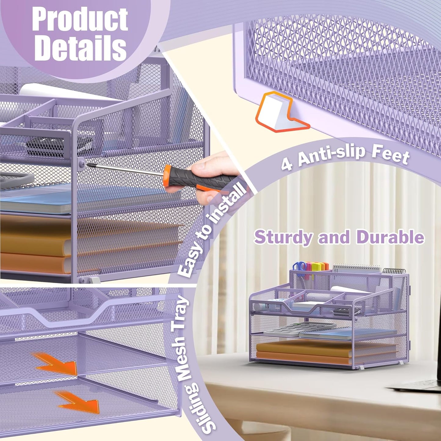 Docnest 3 Tier Mesh Desk Organizer for Paper Office Supplies – Multi-Functional Letter Tray with 5 Adjustable Compartments, 3 Pen Holders, Desktop Storage for Files, Mail, Stationery – Purple