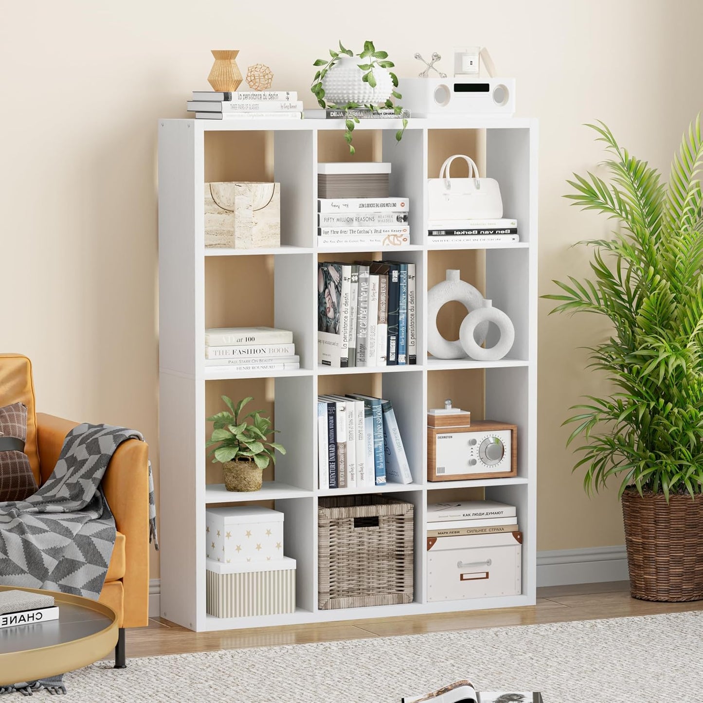 Cube Storage Organizer Bookcase, Decorative 11 inch Open Back Cubical Shelf with Thickened Border, Display Bookshelf for Living Room, Home Office, Sturdy Room (White, 12 Cube)