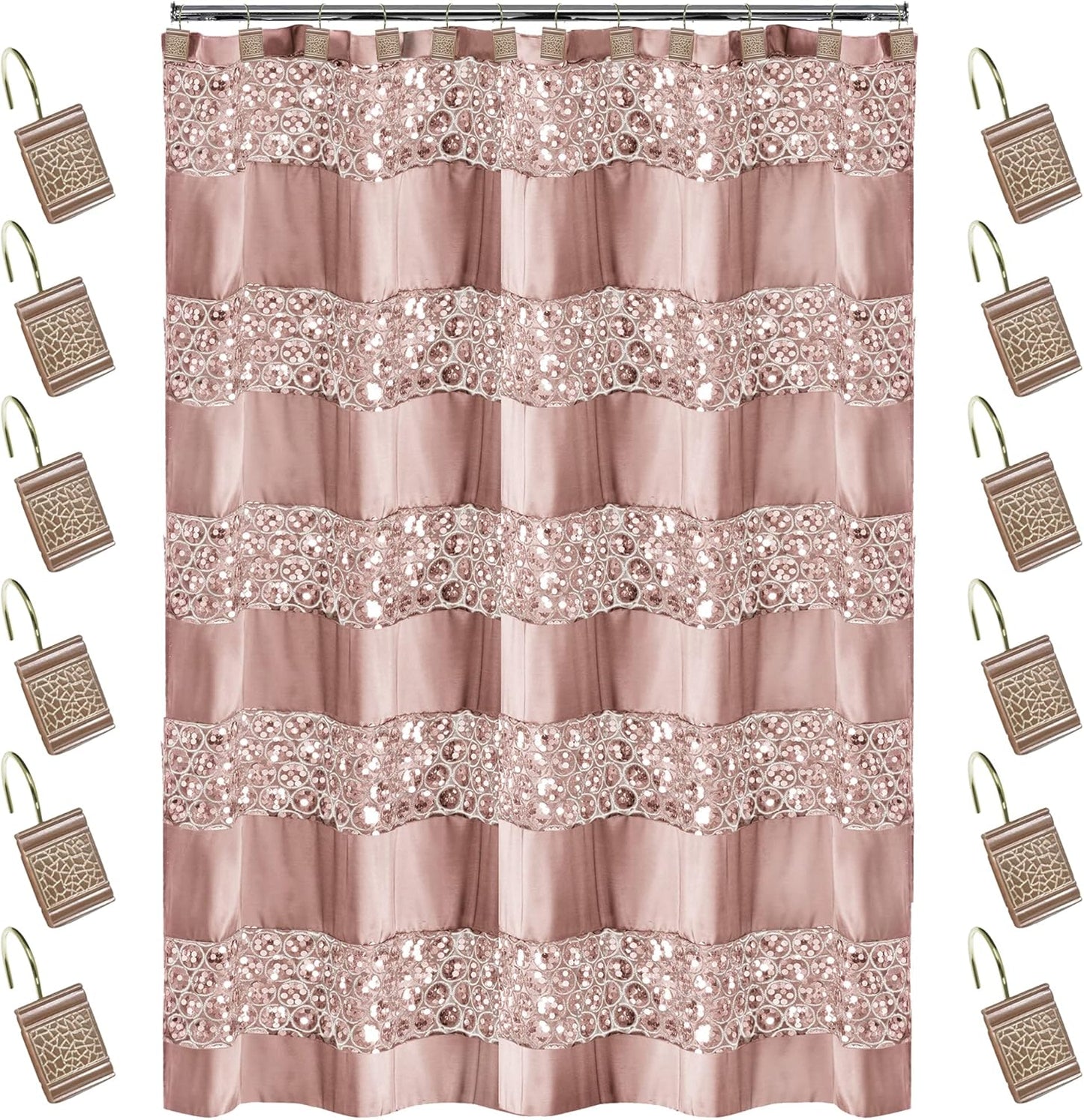 Zahari Home 13pc Sinatra Bathroom Shower Curtain Set - Blush Luxury Fabric With 12 Hooks - Unique Design Bling
