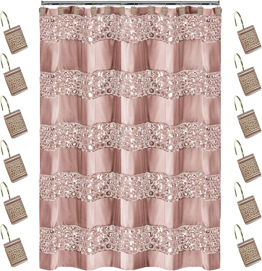 Zahari Home 13pc Sinatra Bathroom Shower Curtain Set - Blush Luxury Fabric With 12 Hooks - Unique Design Bling