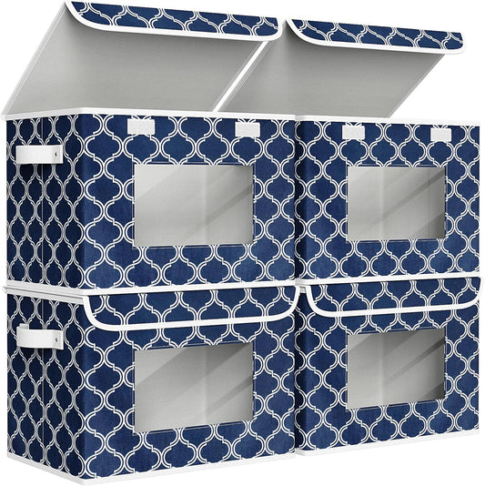 Univivi Fabric Foldable Storage Boxes [4-Pack] Large Collapsible Stackable Storage Bins with Lids, Closet Organizers and Storage Cube Basket for Home, Office, Bedroom (Blue Lantern, 17”x 12” x 12”)