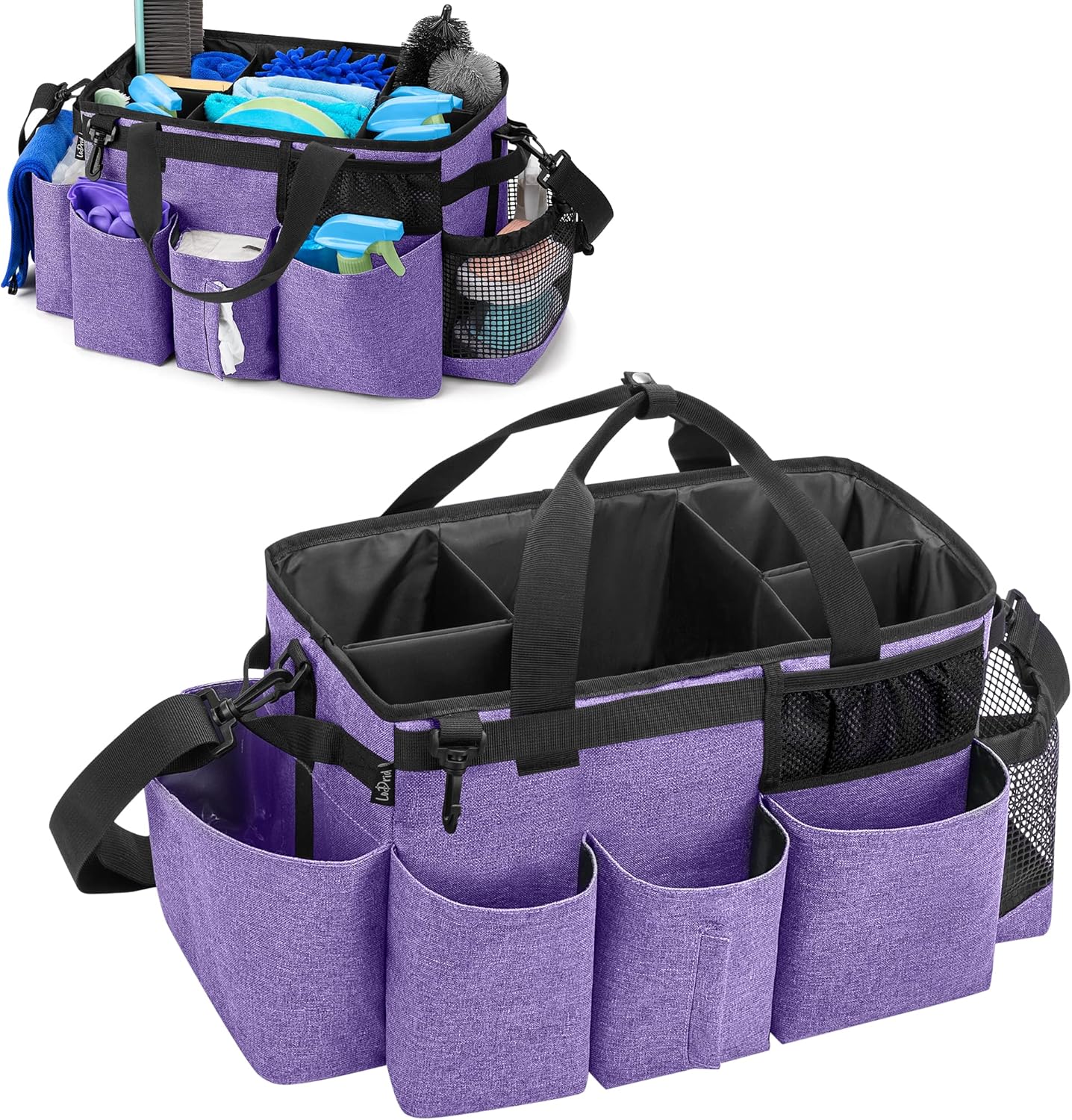 LoDrid Wearable Cleaning Caddy Bag with 4 Foldable Dividers, Cleaning Supply Tote for Cleaning Supplies, Cleaning Organizer with Shoulder Strap and Side Handles for Cleaners & Housekeepers, Purple
