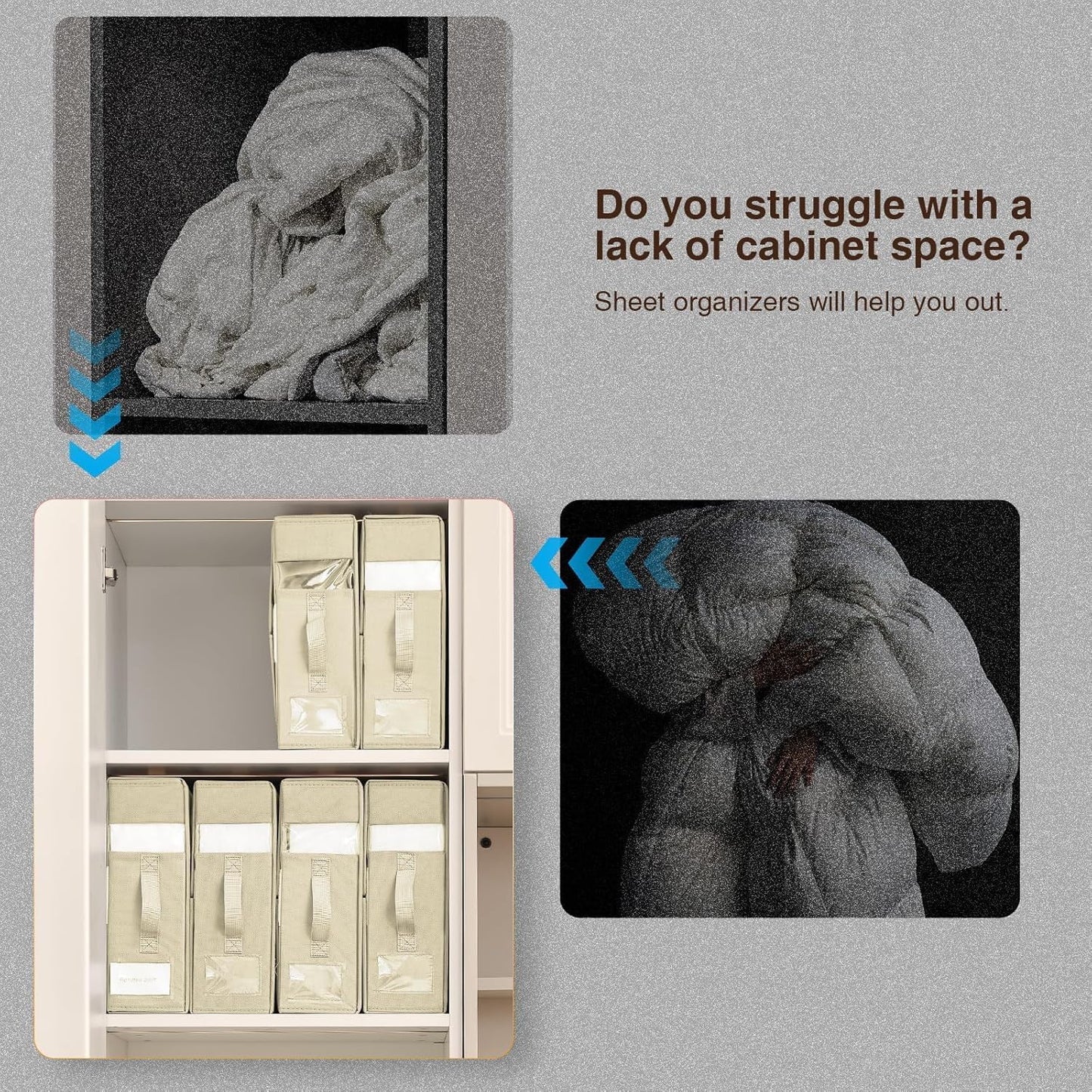 DIMJ Bed Sheet Organizers and Storage 8 Pack - Foldable Sheet Organizer for Linen Closet, Bedding Storage Box for organization, Sheets Set Folder Keeper with Window(King & Queen Size), Beige