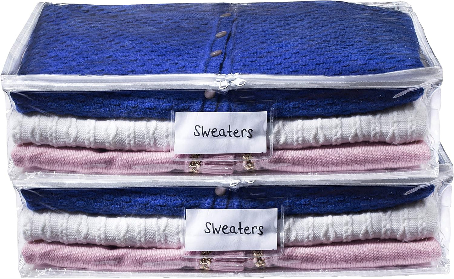 Masirs Clear Sweater Storage Bags (2-Pack) - Zippered Vinyl Organizers with Label Pocket - Protects Clothing from Dust, Dirt & Moisture - Great for Underbed, Shelves, Drawers or Closets