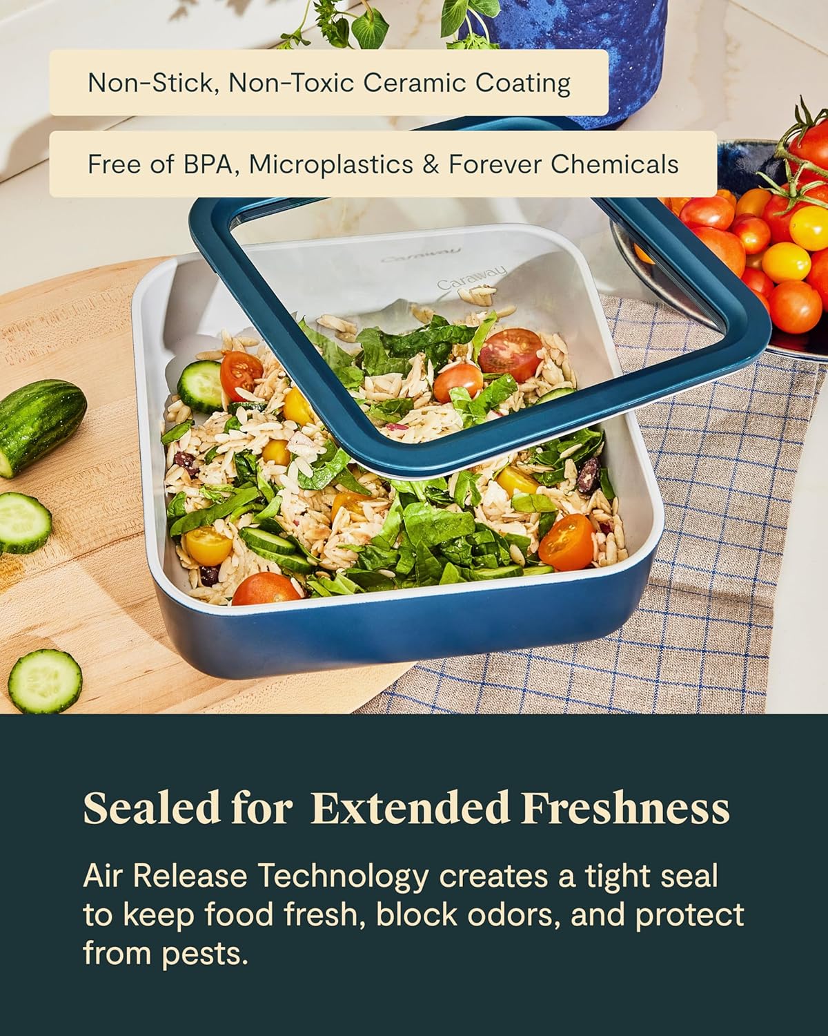 Caraway Glass Food Storage - 10 Cup Glass Container - Ceramic Coated Food Container - Non Stick Lunch Box with Lids - Dishwasher, Oven, & Microwave Safe - Square Shape - Navy