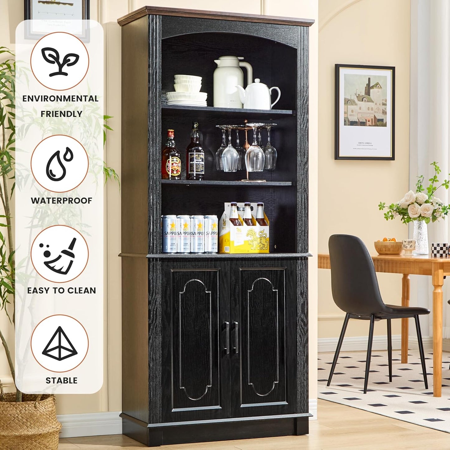 Black 5 Tier Book Shelf and Bookshelf with Storage Cabinet Doors, 72 Inch Tall Bookcase, Wooden Cube Storage Organizer, Kids Bookshelf, Display Cabinet for Bedroom Furniture, Living Room, Pantry