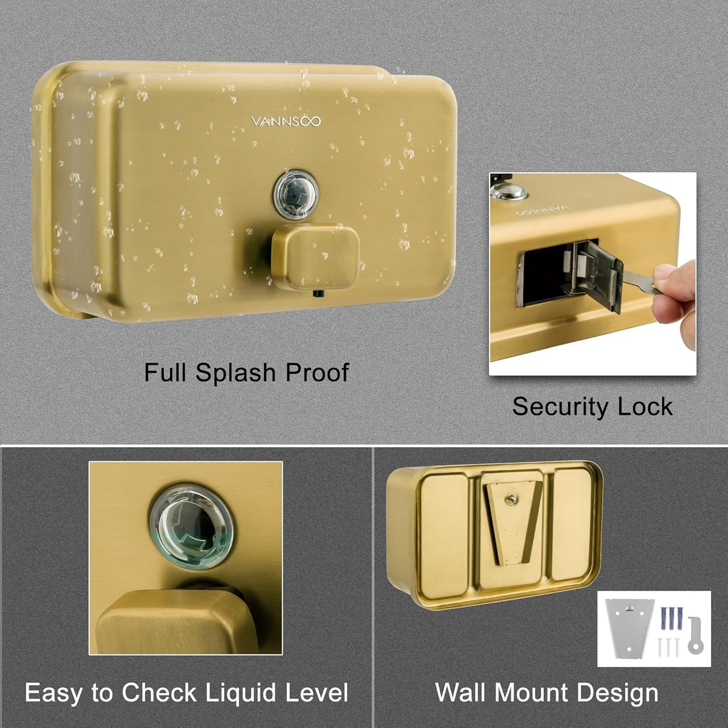 Wall Mounted Hand Soap Dispenser Bathroom, 1200ml 40oz Commercial Stainless Steel Liquid Soap Dispenser Wall Mount (Horizontal Gold)