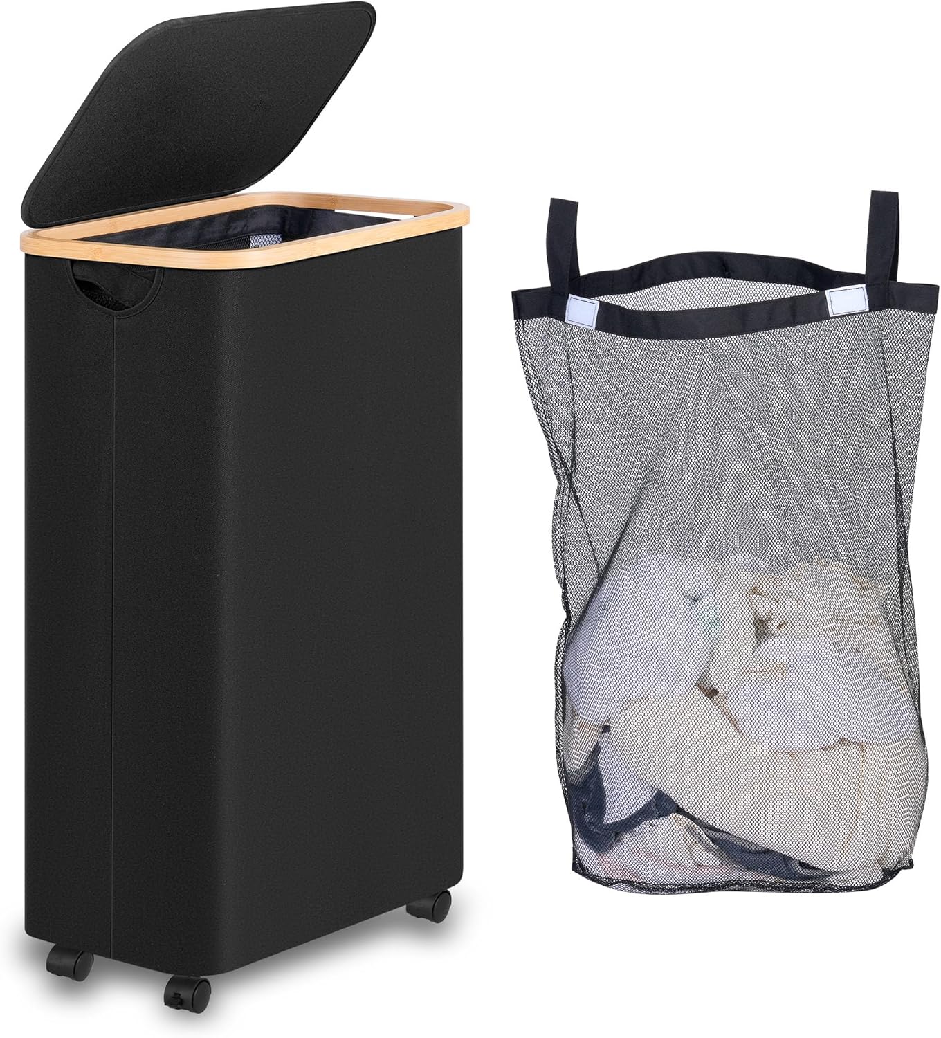 75L Slim Laundry Hamper with Wheels,Clothes Hamper for Laundry,Laundry Basket with Lid & Inner Bag,for Laundry Room, Bedroom, Dormitory Organization,Black