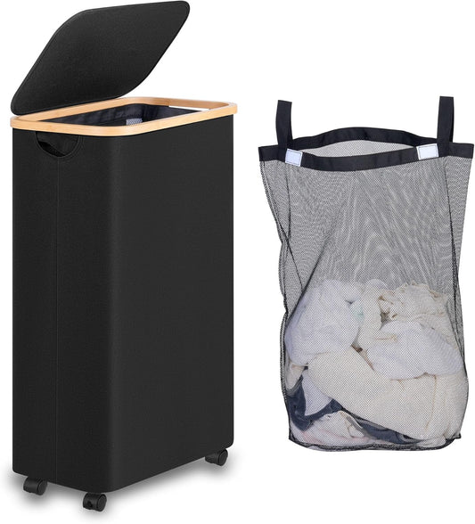 75L Slim Laundry Hamper with Wheels,Clothes Hamper for Laundry,Laundry Basket with Lid & Inner Bag,for Laundry Room, Bedroom, Dormitory Organization,Black