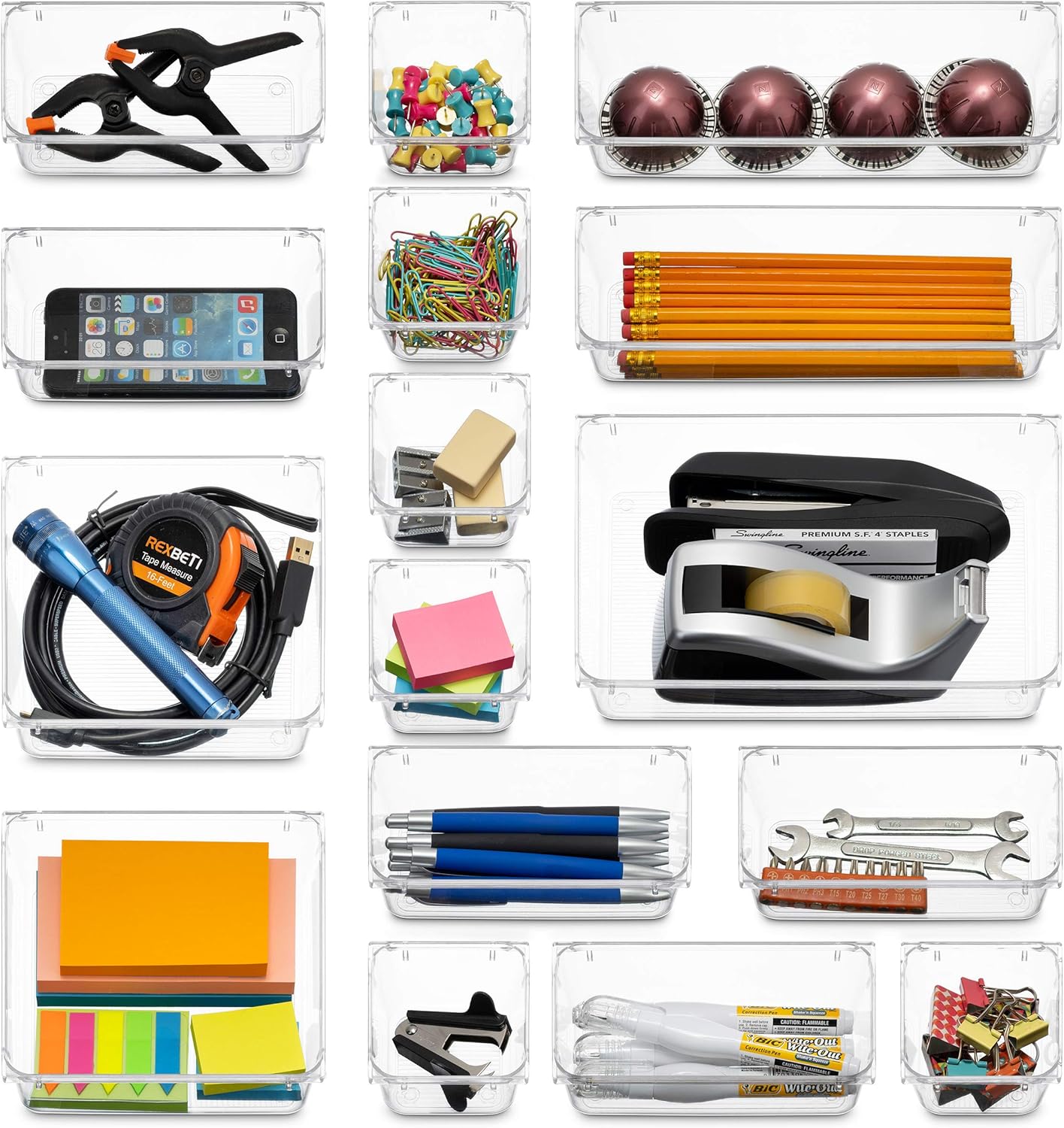 25 PCS Clear Plastic Drawer Organizers Set, 4-Size Versatile Bathroom and Vanity Drawer Organizer Trays, Storage Bins for Makeup, Bedroom, Kitchen Gadgets Utensils and Office Accessories