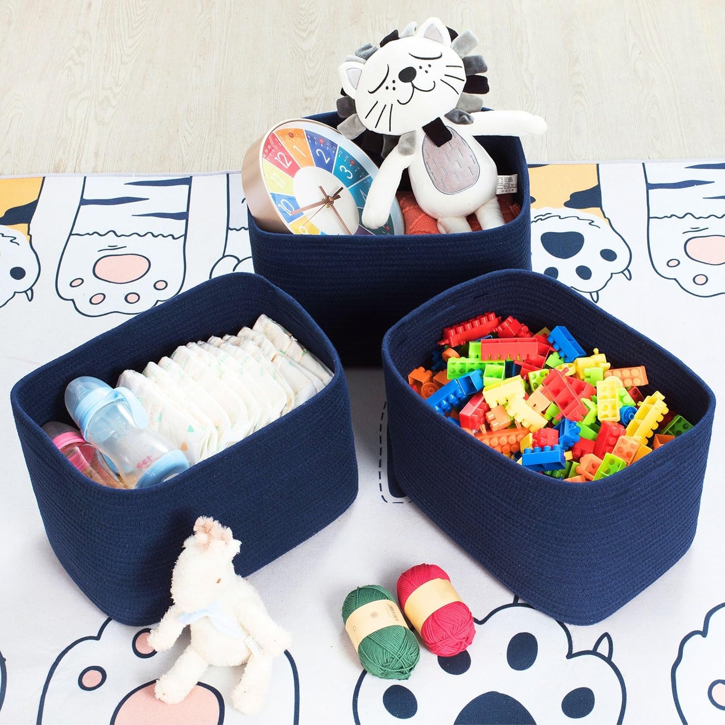 MINTWOOD Design 3-Pack Decorative Woven Storage Baskets for Shelves, Cube Bin Box for Organizing Books, Shoes, Dog Toys, Pantry Closet and Living Room Organizer, Navy Blue