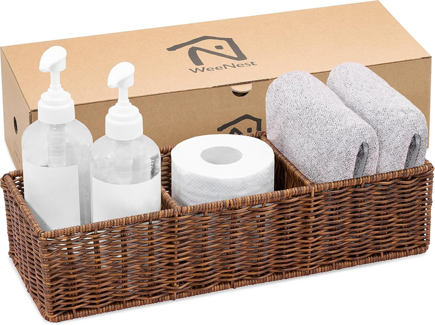 Wicker Basket with 3 Compartments, Toilet Storage, Bathroom Organizer Countertop, Resin Wicker 1pc, Toffee