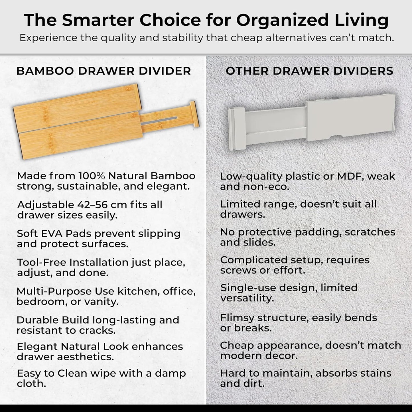 Adjustable Bamboo Drawer Dividers 6-Pack, 17-22 Inch Deep Expandable Drawer Organizer Set, Sustainable Spring-Loaded Bamboo Inserts for Kitchen, Bedroom, and Office Organization