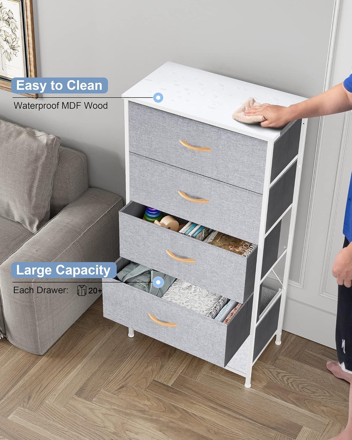 Crestlive Products Vertical Dresser Storage Tower - Sturdy Steel Frame, Wood Top, Easy Pull Fabric Bins - Wide Organizer Unit for Bedroom, Hallway, Entryway, Closets - 5 Drawers(Light Gray)