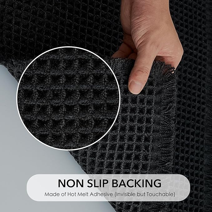 KGORGE Black Waffle Bath Mat, Ultra Soft 60" x 24" Long Bathroom Rug with Tassels, Non Slip Farmhouse Floor Cover Super Absorbent Quick Dry Large Rugs for Bathroom Shower Tub Toilet Kitchen, 1pc