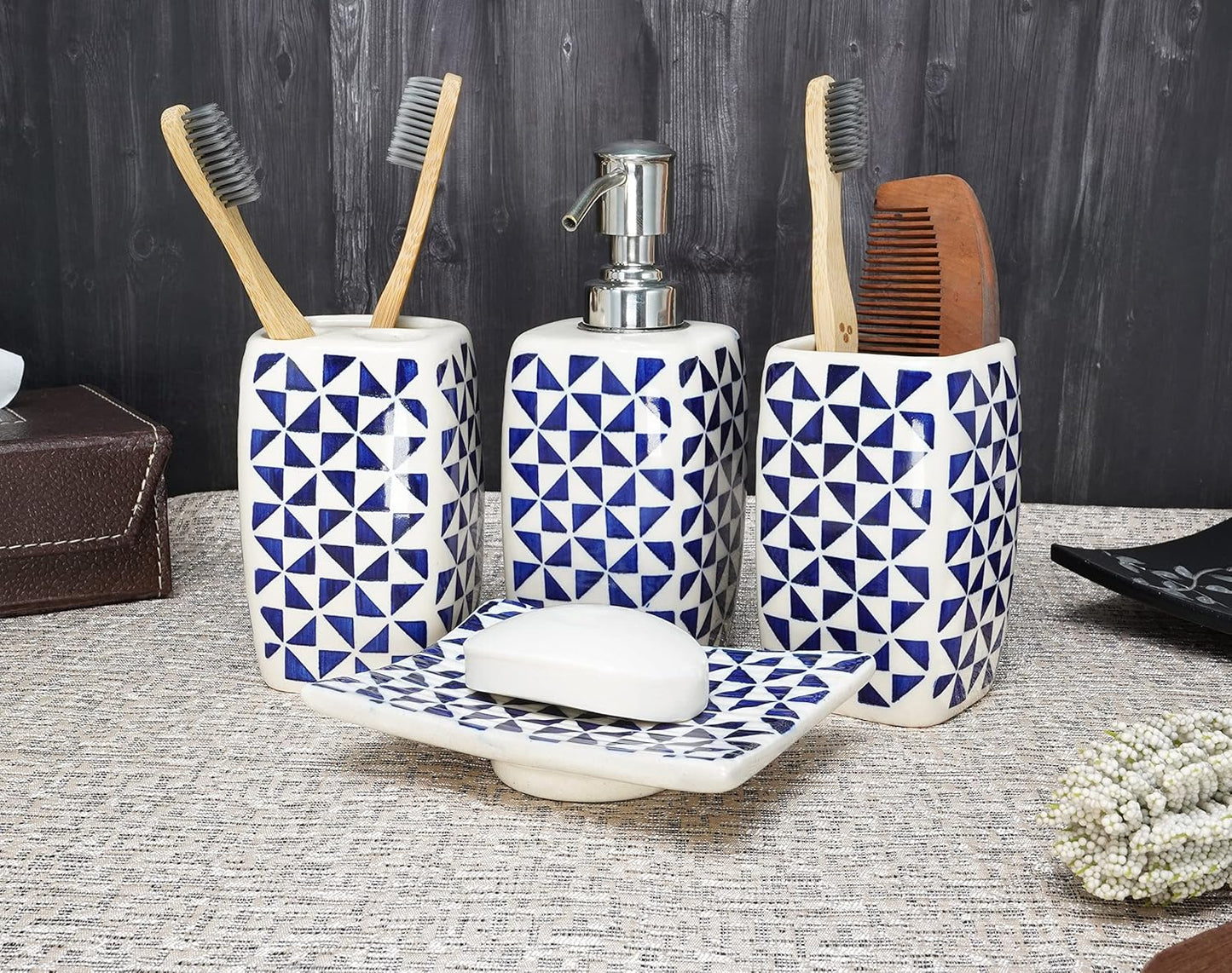 Crocon Handmade Ceramic Bathroom Accessories Set of 4 Soap Dispenser Toothbrush Stand Soap Dish/Tray Tumbler Home Decoration Bathroom Countertop Vanity Organizer Complete Bath Luxury Accessory