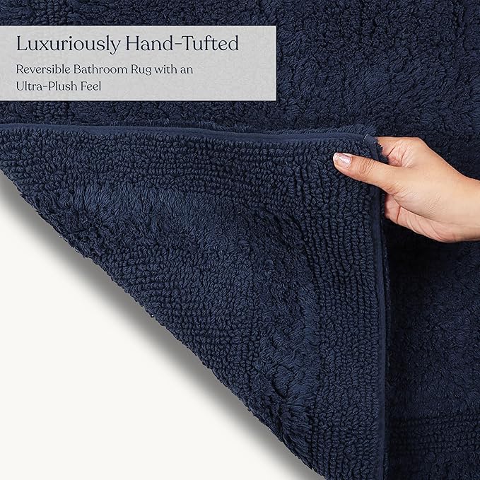 Delara Organic Cotton Reversible Bath Mat – 3000 GSM, GOTS Certified, Ultra-Thick & Super Absorbent | Soft, Plush & Quick-Drying Bathroom Rug (Navy Blue, 24x44)