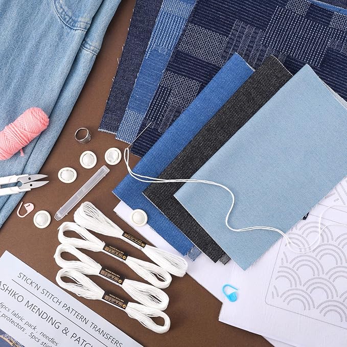 28 Pcs Sashiko Thread Kit Sashiko Needles Denim Fabric Embroidery Patterns Thimble Water Soluble Embroidery Kit for Sewing Hand Quilting Mending Supplies