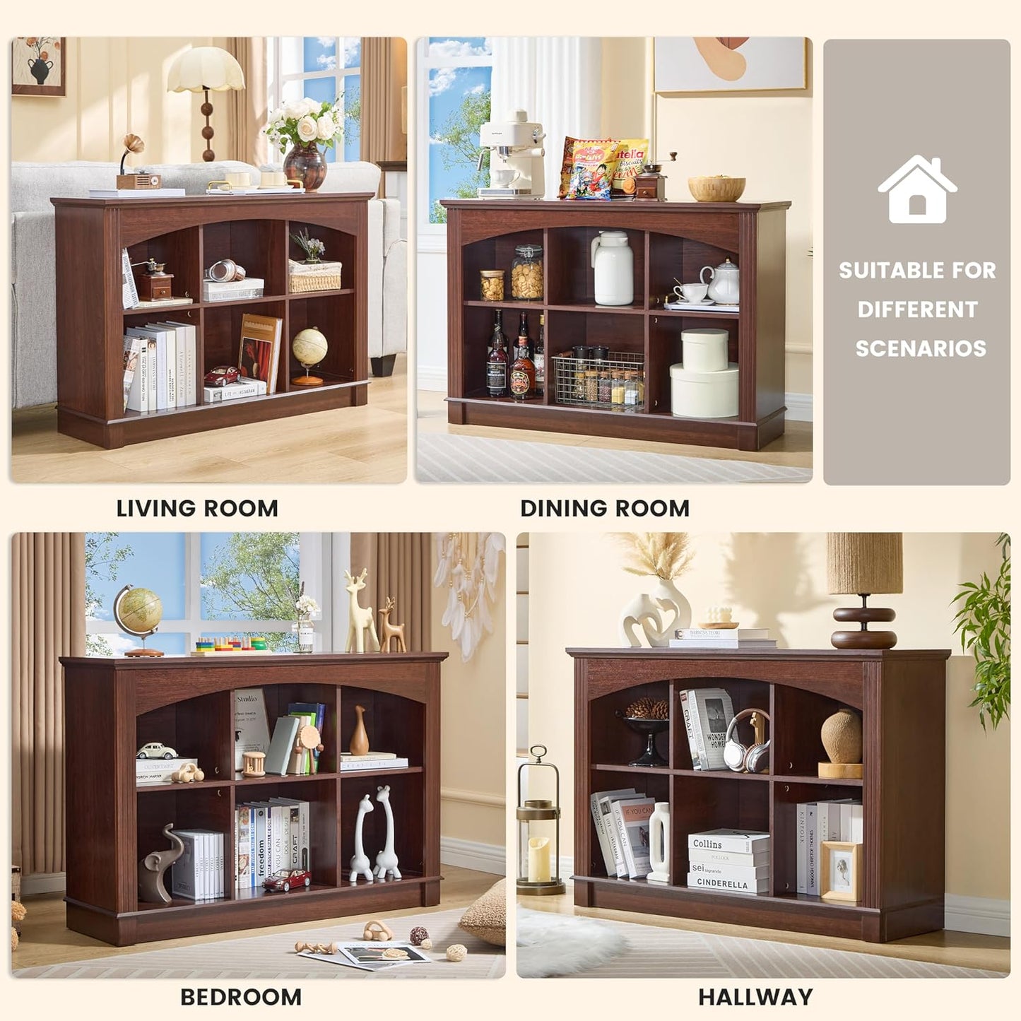 Bookshelf, 6-Cube Bookcase and Kids Bookshelf, Wooden Storage Cabinet with Cube Organizer, Modern Book Shelf for Bedroom Furniture, Living Room, Office Storage, Toy Organizer, Display Cabinet Cherry