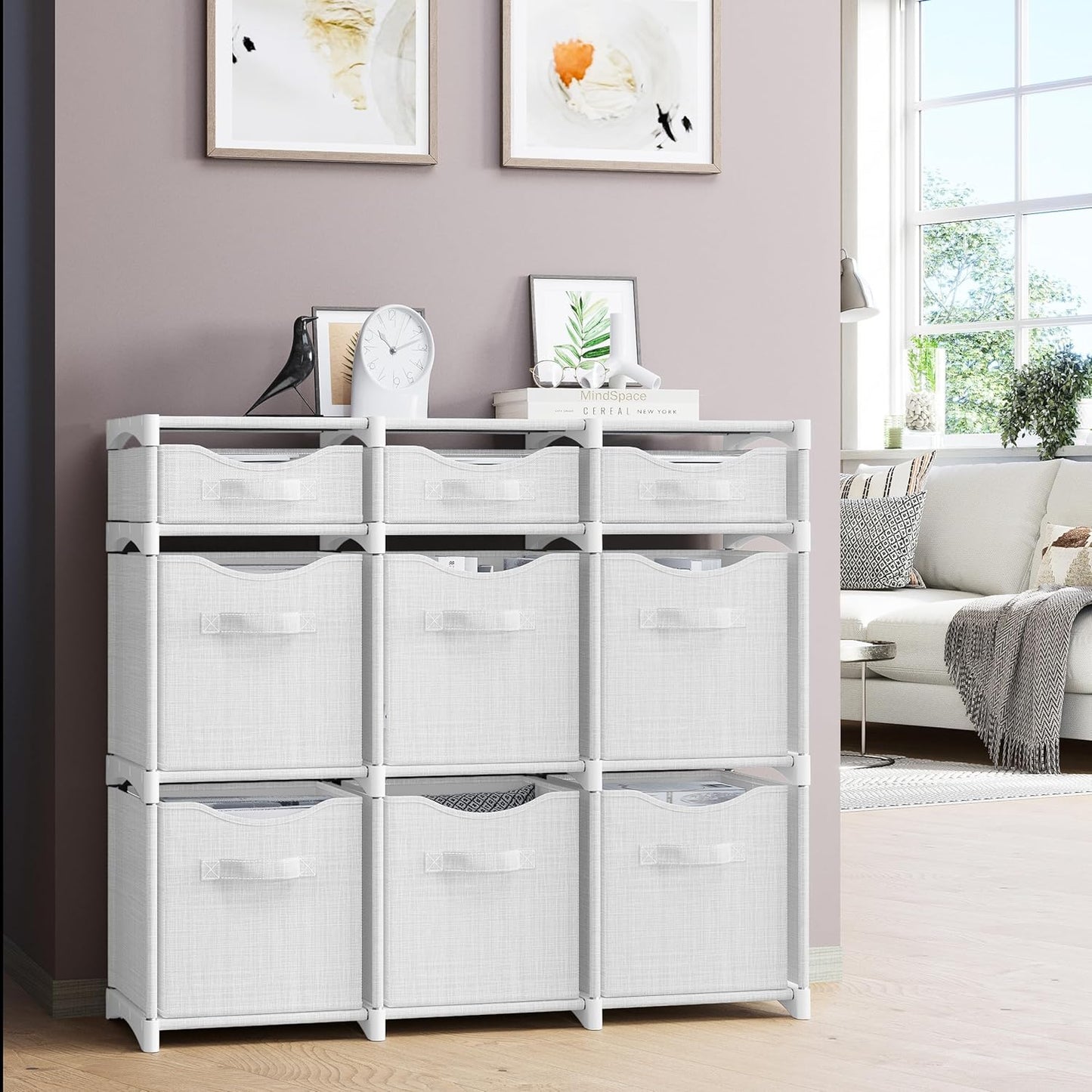 9 Cube Closet Organizers And Storage | Includes All Storage Cube Bins | Easy To Assemble Closet Storage Unit With Drawers | Room Organizer For Clothes, Baby Closet Bedroom, Playroom, Dorm (White Grey)