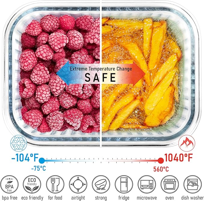 Ribbed Glass Tupperware Set with Bamboo Lids - 4 Stackable Meal Prep Containers. Durable heat resistant Inert Borosilicate Glass