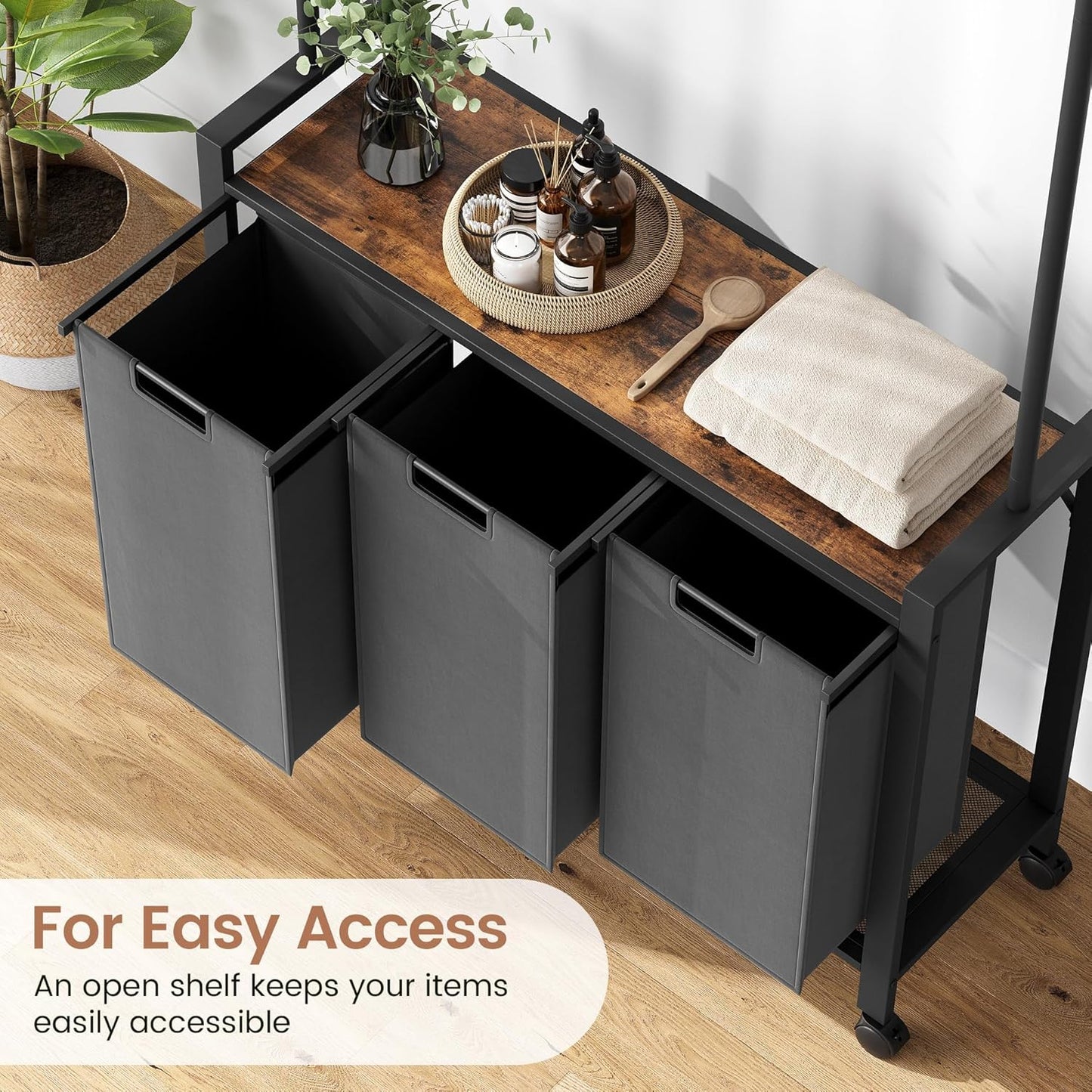 Laundry Sorter 3 Section With Extendable Hanging Bar, Heavy Duty Laundry Basket With Rolling Lockable Wheels And Shelf, Laundry Room Organization And Storage