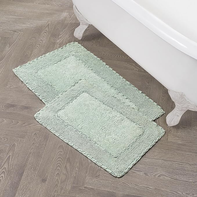 Laura Ashley Ruffle Border 100% Cotton Bath Rug Set, Sage Green, 17" x 24"/ 20" x 32"