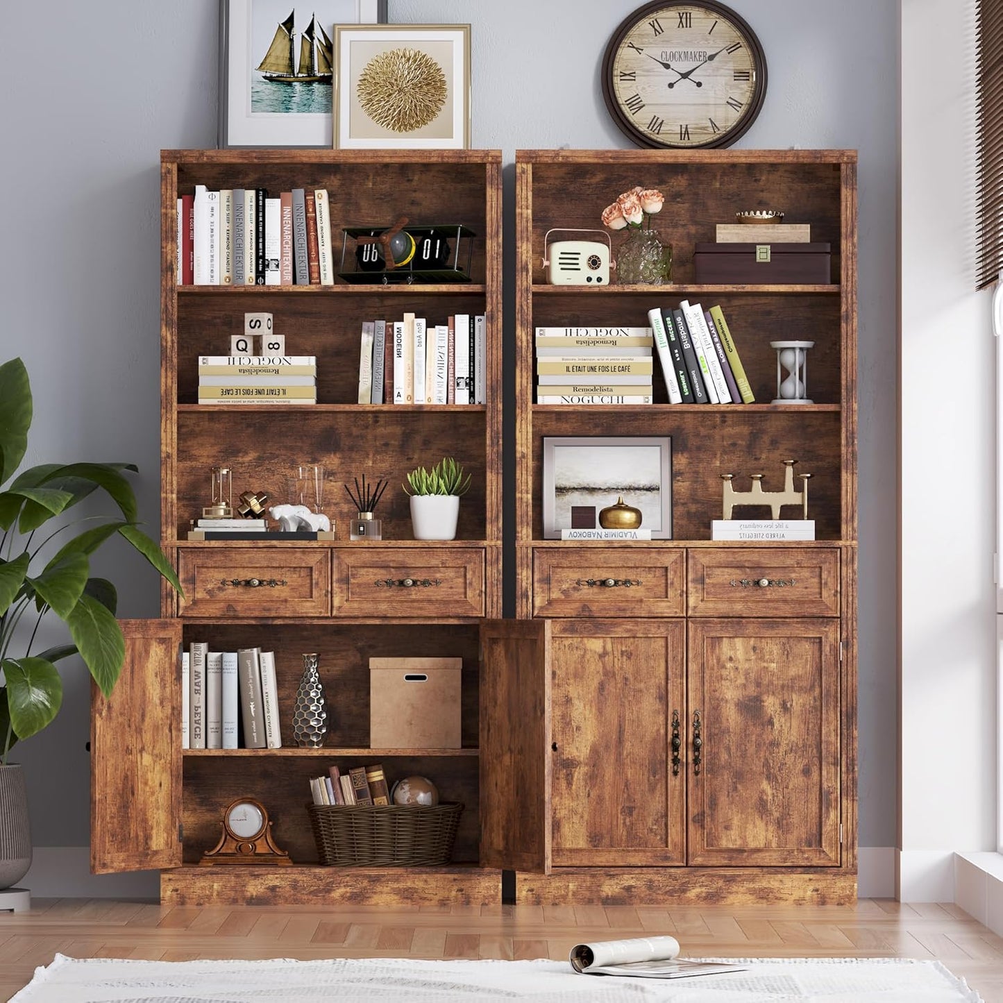 71.4" Tall Bookshelf with Drawers & Cabinet, 5-Tier Floor Standing Bookcase with Storage Doors, Adjustable Shelves & Metal Handles, 31.5" Wide Organizer for Home Office, Living Room