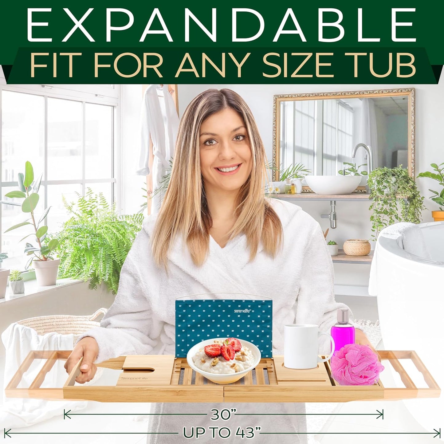 SereneLife Bamboo Bathtub Caddy with Luxury Gift Box and Red Gifting Ribbon Extendable & Adjustable Tray with Device/Book Holder with Removable Trays for Bath Accessories (Natural Color)