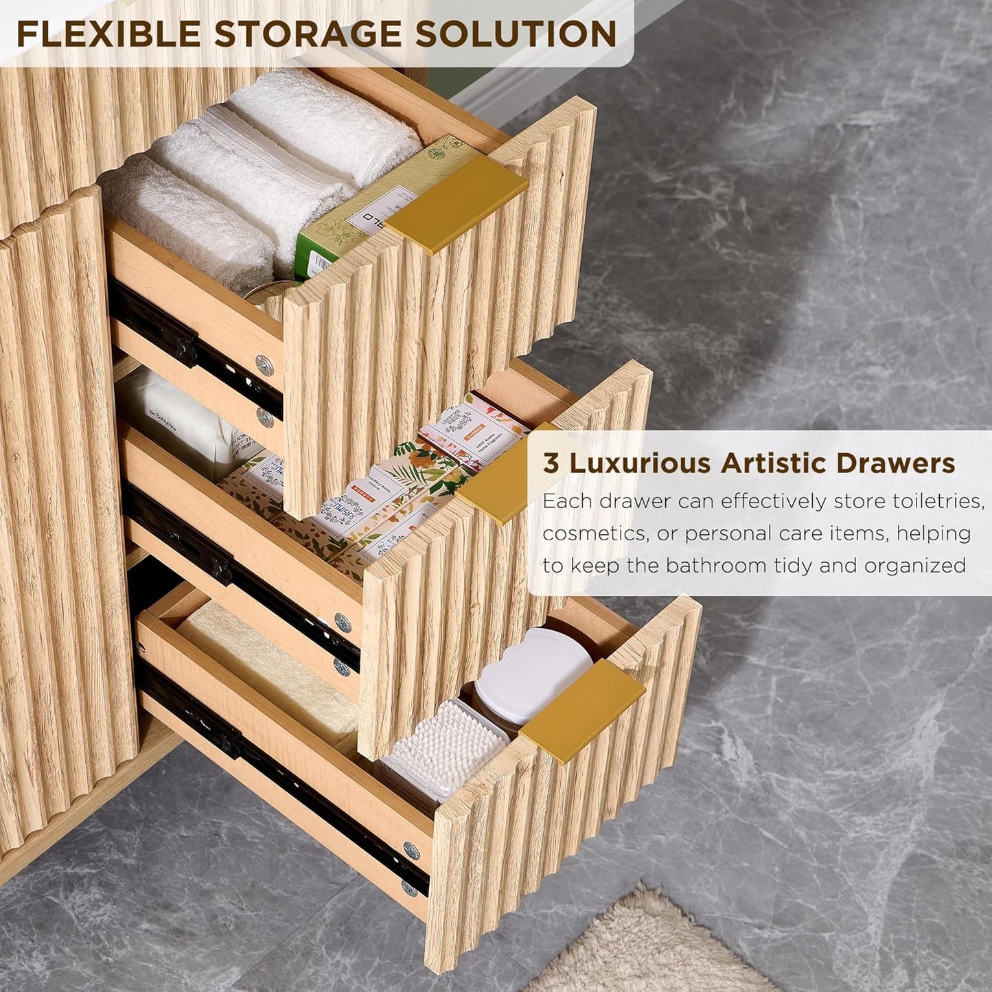 T4TREAM 36" Fluted Bathroom Vanity with Ceramic Sink Combo，Freestanding Modern Bathroom Storage Vanity Cabinet with 2 Soft Closing Doors & 3 Drawers，Wood Grain Texture，Metal Handle，Natural Oak