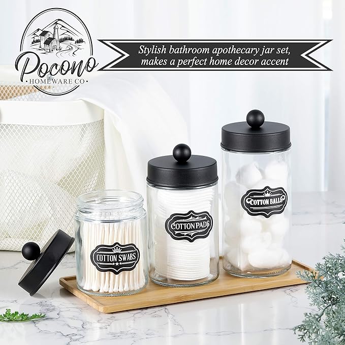 Apothecary Jars 3 Pack - Glass Bathroom Containers with Stainless Steel Lids - Rustic Farmhouse Decor Bathroom Accessories, Vanity Organizer Apothecary Jars for Qtip/Cotton Balls (Matte Black)