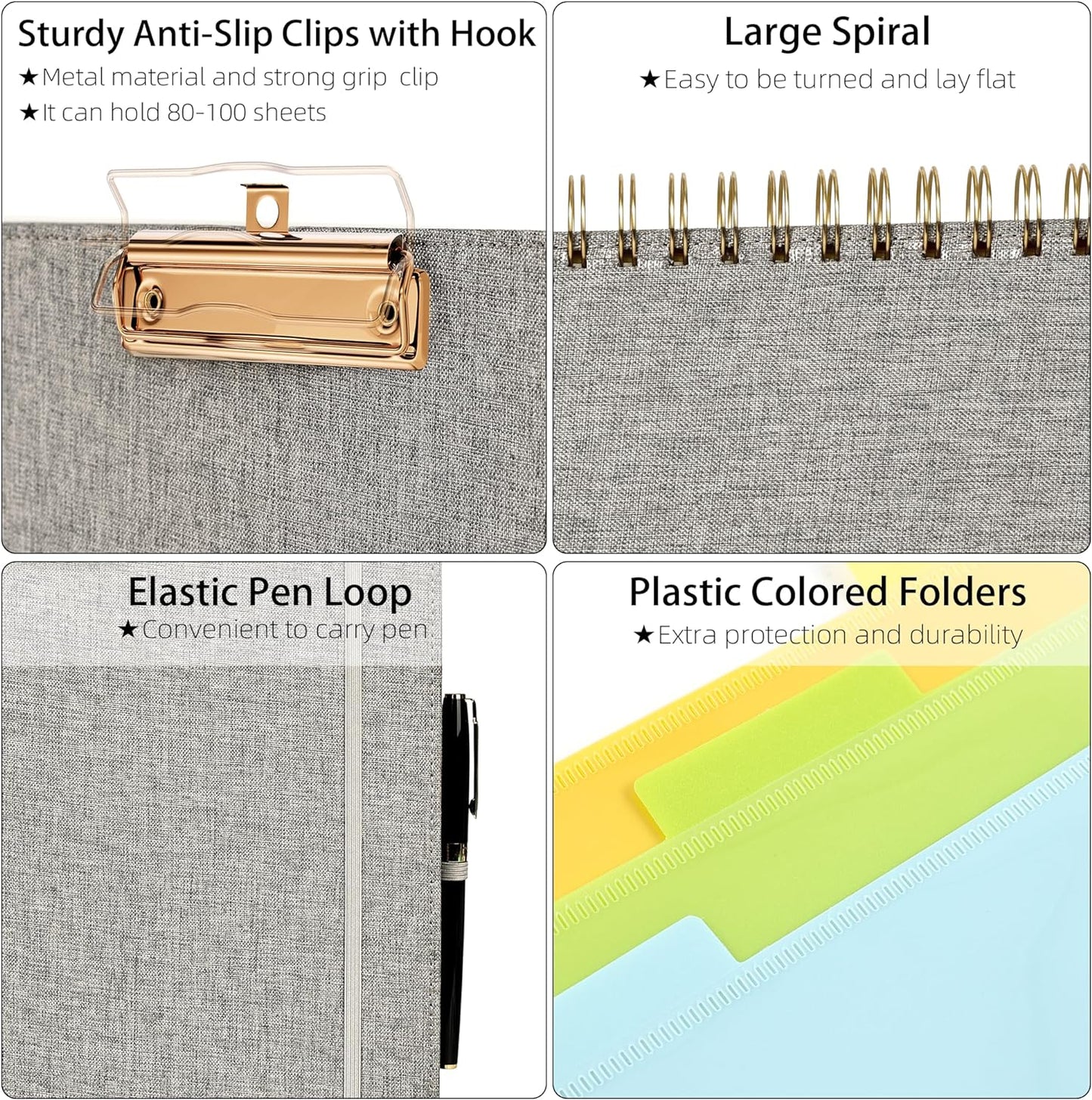 Ospelelf Foldable Spiral Clipboard Folio with Storage Zipper Pouch, 5 Plastic Folders with 10 Pockets,Refillable Lined Notepad (11" x 8.5"), Hardcover Project Organizer with 39 Stickers (Grey)