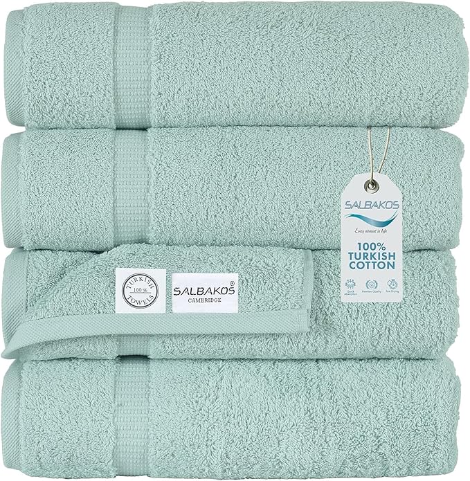 SALBAKOS 100% Turkish Cotton Bath Towel Set of 4 27x54 inch | Heirloom Quality | Hotel & Spa Collection | Soft, Absorbent, Long Lasting Bath Towels | Made in Turkey (Seafoam Green, 4 Bath Towels)