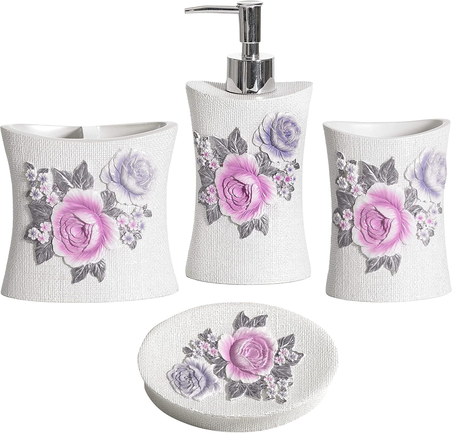 Zahari Home 4pc Michelle Bathroom Accessories Sets Lotion Pump, Tumbler, Tooth Brush Holder and Soap Dish Unique Design Floral Bathroom Set