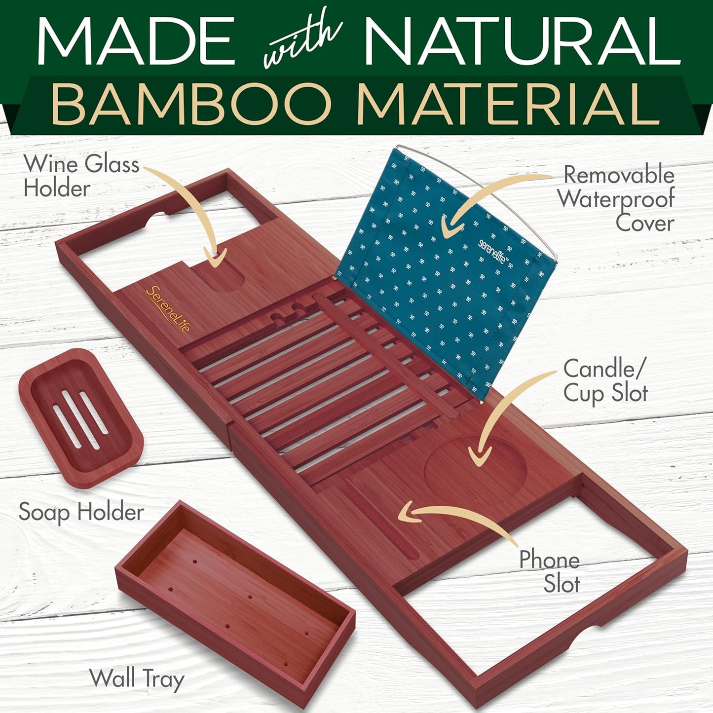 SereneLife Bathtub Tray - Expandable Bath Tray for Tub, Adjustable Bamboo Caddy with with Non-Slip Handles, Device Holder and Wine Glass Slot for Bathing Luxury (Brown, Soft Back, Gift Set)