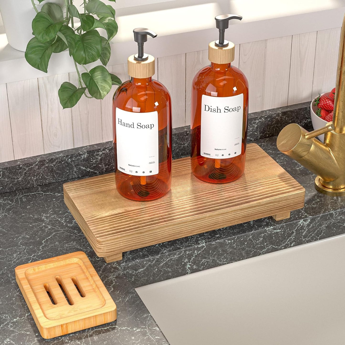 Dish Soap Tray for Kitchen Counter - 2 Pcs Bathroom Accessories Set, 11” Farmhouse Wooden Riser Display Stand, Bamboo Bar Soap Holder, Kitchen Soap Tray, Neutral Bathroom Decor, Brown