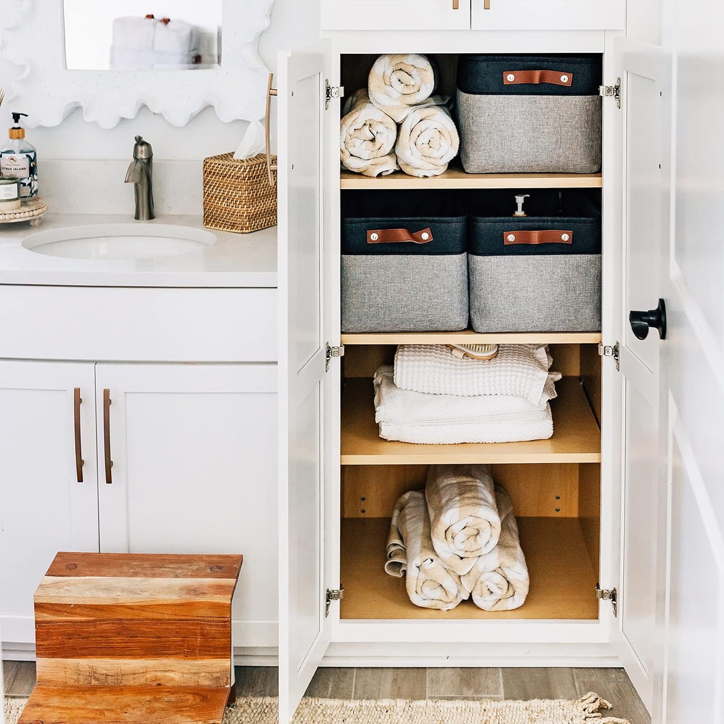 OrganiHaus Large Fabric Storage Baskets for Shelves 3 Pack, 15x11in Closet Storage Bins for Shelves, Canvas Baskets for Organizing, Linen Closet Organizers, Cloth Basket, Gray/Black